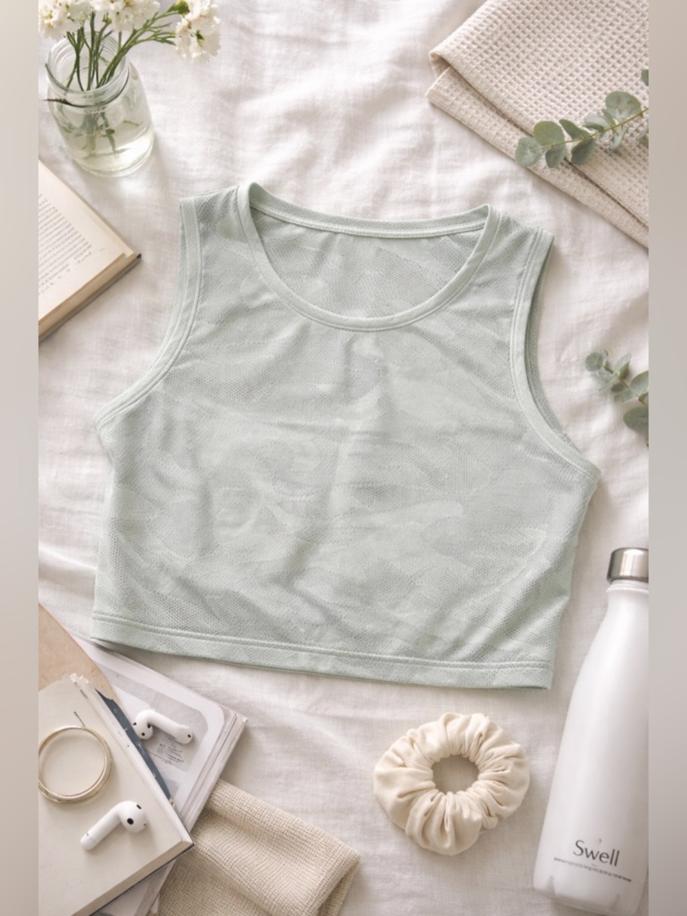 Light Sage Cropped Camo Athletic Tank Top Minimalist Mesh Activewear No Tag